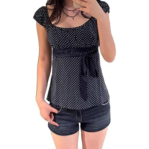 Women's Y2k Fairy Grunge Babydoll Coquette Shirt Short Sleeve Polka Dot Peplum Baby Tee Blouses Going Out Crop Tops - Image 1