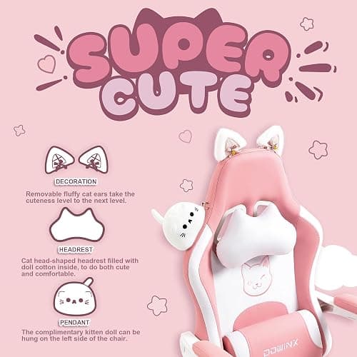 Dowinx Gaming Chair Cute with Cat Ears and Massage Lumbar Support, Ergonomic Computer Chair for Girl with Footrest and Headrest, Comfortable Reclining Game Chair 290lbs for Adult, Teen, Pink thumbnail 3