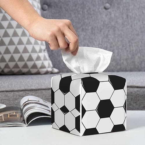 Tissue Box Cover Leather Napkin Holder Home Decor for Bathroom Vanity Countertop, Dining Table, Home Office Decor (Soccer Ball White and Black) thumbnail 3