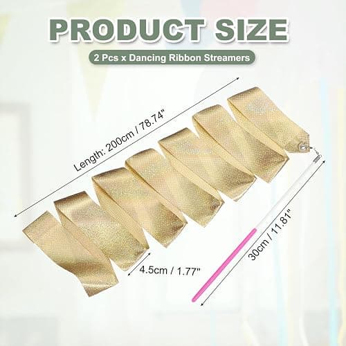 YELARXI 2 Pcs Dance Ribbons, 78.7" Sparkly Gymnastics Ribbon Streamers, Rhythmic Dance Twirling Sticks with Non-Slip Pink Wand -Fitting for (Gymnastics/Talent Shows/Artistic/Party) Gold thumbnail 2