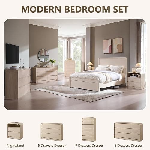 Aitjunz Modern 7 Drawers Dresser for Bedroom, 55" Tall Dressers, Cream | Wooden Dressers & Chest of Drawers w/Curved Profile Design, Mid Century Vertical Storage Dressers Organizer for Bedroom thumbnail 6