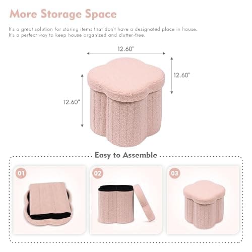 B FSOBEIIALEO Storage Ottoman Cube, Flowers Shaped Ottomans with Storage Foot Stool Footrest for Lving Room, Boucle Ottoman Seat for Dorm Room,Faux Teddy Fur, Pink 12.6"x12.6"x12.6" thumbnail 3