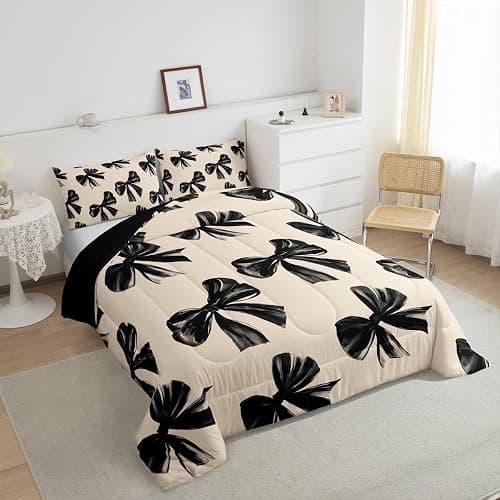 Erosebridal Bow Bedding Set Queen Black Bow Tie Bedding Comforter Sets for Kids Teen Adults Room Decor,Watercolor Bowknot Comforter Set Black White Simple Decor Bed Duvet Set thumbnail 5