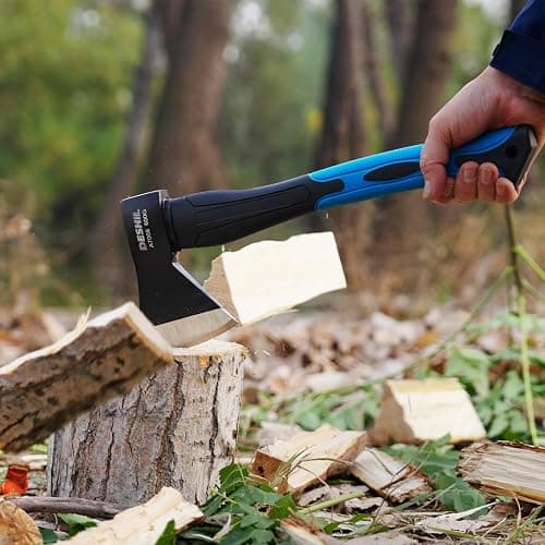 Chopping Axe, 15”Outdoor Hatchet Forged Carbon Steel Heat Treated Hand Maul Tool, Fiberglass Shock Reduction Handle with Anti-Slip Grip, Blue thumbnail 2
