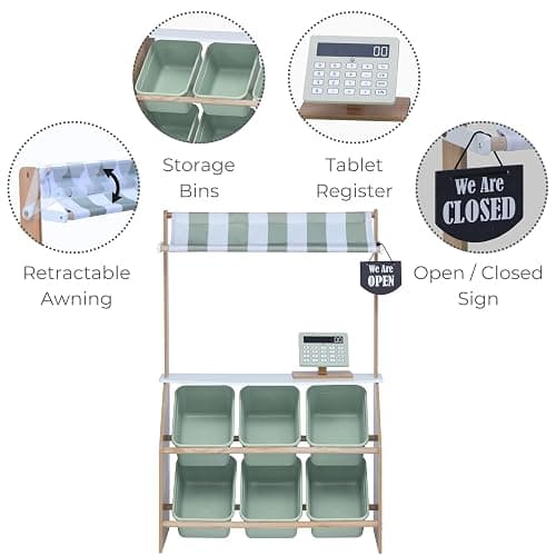 Teamson Kids Little Helper Wooden Farmer's Market Stand with Pretend Cash Register and 6 Plastic Storage Bins, Green, TD-13638A-AMZ thumbnail 5