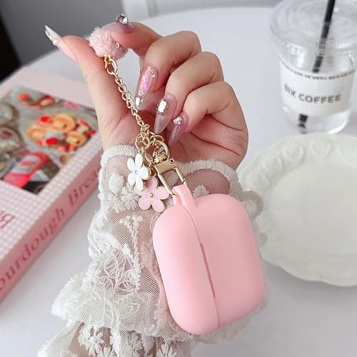 Cute Case for Airpods Pro 2nd/1st Generation Case, Soft Silicone Women iPod Pro 2/1 Gen Protective Cover 2019/2023/2022 with Pom Pom Flower Keychain&Cleaner Kit, Pink thumbnail 5