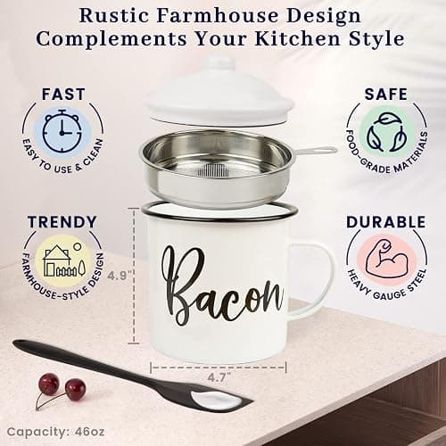 Bacon Grease Container with Strainer - With Food-Grade Silicone Spatula , 46oz Large Enamel Rustic Farmhouse Fat Container , Keeper , Recipes , Dishwasher Safe thumbnail 3