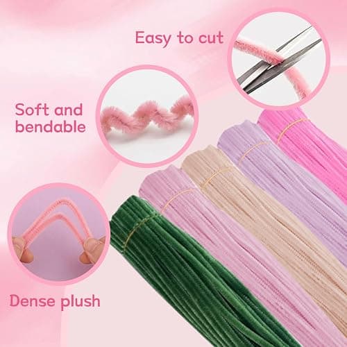 AKINSTER 500 Stück Pfeifenputzer zum Basteln Pfeifenreiniger Blumen Set Pipe Cleaner Flower Set Pfeifenreiniger Rosa mit Blumen Staubblatt Bänder Klebeband Geschenkbox für Basteln & DIY (Rosa) thumbnail 3