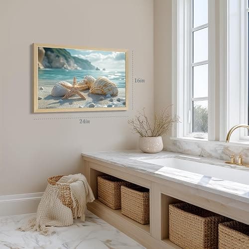Clicyre Coastal Wall Art for Bathroom, Blue Ocean Beach Canvas Prints, Seaside Starfish & Seashell Decor, Nautical Sand Seascape Pictures for Bedroom Living Room Home Decoration Wood Framed 12x16 Inch thumbnail 3