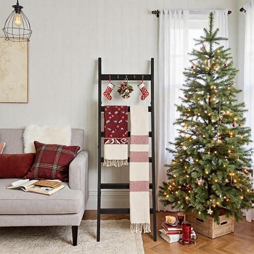 TEAKMAMA 6-Tier Blanket Ladder for Living Room and Bedroom,5.4 Ft Wall Leaning Quilt Rack with Hooks,Rustic Decorative Farmhouse Blanket Storage,Stylish Ladder Holder,Christmas Decorations,Black thumbnail 9