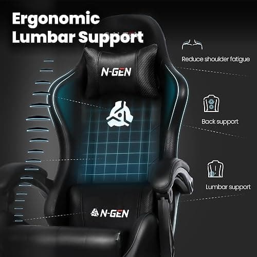 N-GEN GAMING Video Gaming Chair with Footrest Lumbar Support for Home Office High Back Recliner Height Adjustable Ergonomic Comfy Leather Computer Desk Chair (Black) thumbnail 4