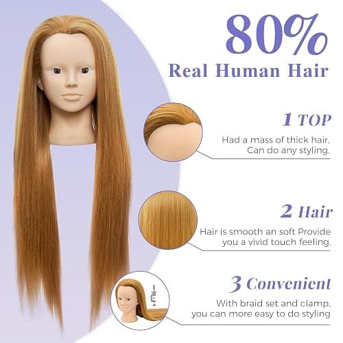 Mannequin Head with 80% Real Human Hair - 28 Inch Makeup Cosmetology Manikin Doll Head for Hair Styling, Training Practice Braiding Mannequin Head with False Eyelashes Hair Styling Set thumbnail 3
