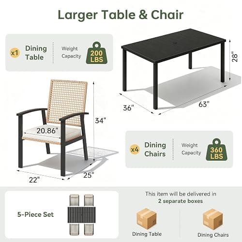Aoxun 5-Piece Wicker Patio Table and Chairs Set for 4 with Umbrella Hole | Outdoor Dining Set with 6 Chairs and 1 Rectangular Metal Table, Patio Dining Sets with Soft Cushion for Backyard, Yellow thumbnail 2