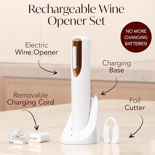 Rechargeable Electric Wine Bottle Opener - Charging Base and Foil Cutter Included with Automatic Wine Opener - Electric Corkscrew for Easy Cork Removal - Best Gift for Wine Lover (White & Rose Gold) thumbnail 5