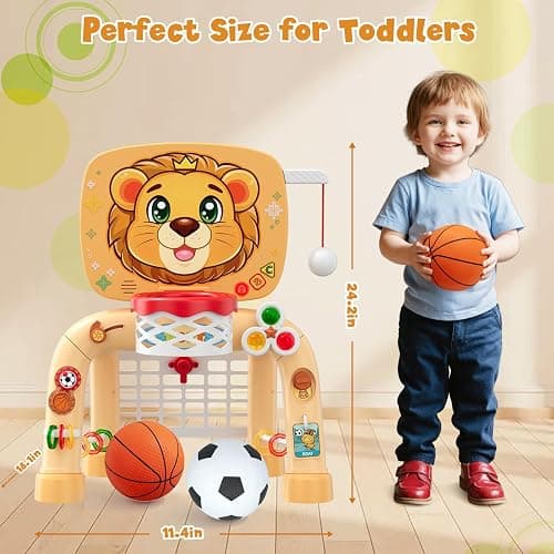 HYES Toddler Basketball Hoop Tball Set & Soccer Goal - Lion Sport Toys for 1 Year Old Boy with Learning Activities (Abacus/Alphabet/Animals Sounds) Christmas Birthday Gifts for Baby Boy Age 1 2 3 thumbnail 3