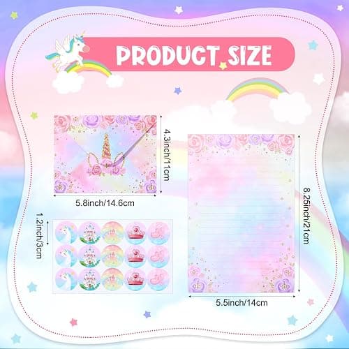 Outus 160 Pcs Rainbow Unicorn Stationary Set 50 Unicorn Writing Papers with 50 Envelopes and 60 Round Stickers Writing Stationery Paper Gift for Girls Kids Birthday Invitations School Mail Supplies thumbnail 3