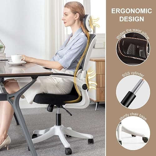 XUEGW Ergonomic Office Chair Computer Desk Chairs with Flip-up Armrests and Lumbar Support, High Back Mesh Gaming Chairs Rolling Work Swivel Task Chairs with Adjustable Headrest thumbnail 3