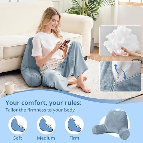 Sasttie Reading Pillow for Sitting in Bed Adult, Back Pillow for Bed Sitting Up, Backrest Back Support Chair Pillow, College Dorm Essentials for Girls and Boys, Greyish Blue Standard thumbnail 3