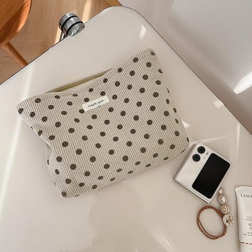 Wudygirl Makeup Bag Makeup Pouch for Women Corduroy Cosmetic Bag Portable Travel Toiletry Bag Large Capacity Make up Organizer with Zipper（Beige Polka Dot） thumbnail 4