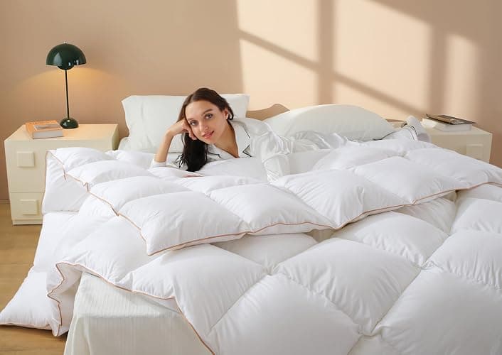 Vexino Down Fiber Comforter Queen Size – All Season Fluffy White Duvet Insert, Lightweight Warm Feather Bedding, Soft 100% Cotton Cover, 90x90 Inch - Image 1