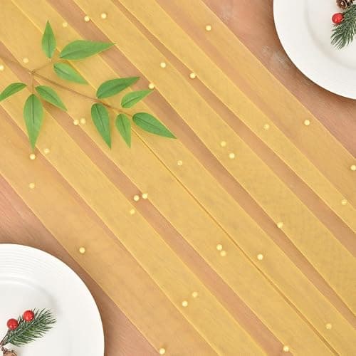 Joanlody Pearl Table Runner 10ft Rustic Boho Tulle Runner with Pearls for Baby Shower Wedding Party Veil Dessert Table Decor Yellow thumbnail 4