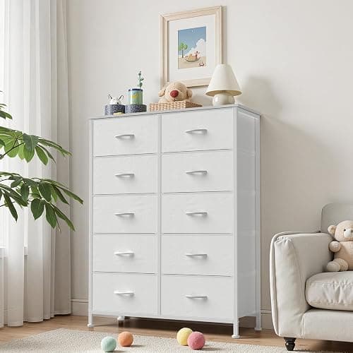 Sweetcrispy 10 Drawer Fabric Dresser Storage Tower with Bins, Tall Chest Organizer for Bedroom Closet Hallway, Steel Frame Wood Top Easy Pull Handles,White thumbnail 2