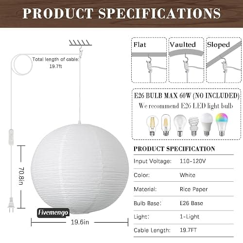 Fivemengo Paper Lantern Lamp Plug in Hanging Lamp, 20in White Rice Paper Pendant Light with 19.7FT Cord Large Globe Japanese Japandi Wabi Sabi Chandelier for Dining Living Room Bedroom Office 1 Pack thumbnail 5