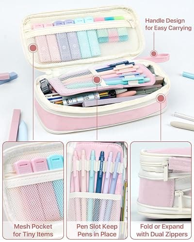 Four Candies 56 PCS Aesthetic School Supplies with Cute Pencil Case, 6 Multicolor Pen, 12 Pastel Highlighters, 5 Gel Pens Black Ink, 9 Mechanical Pencils for Student Stationary Set Preppy Stuff (Pink) thumbnail 4