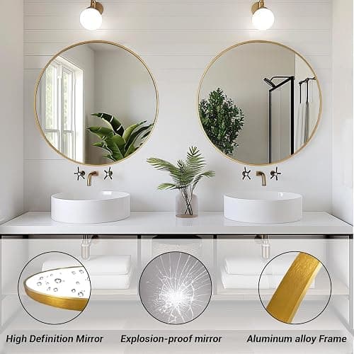 Sunniry Gold Round Mirror, 24 inch Circle Mirror, Gold Metal Frame Bathroom Mirrors, Round Wall Mounted Mirrors for Bathroom, Hallway, Living Room, Bedroom. thumbnail 2