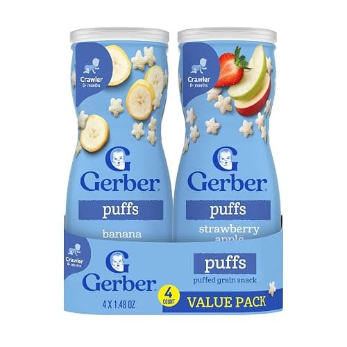 Gerber Baby Snacks Puffs Variety Pack, Banana & Strawberry Apple, 1.48 Ounce - 2 count of four packs, Package may vary, 1.48 Ounce (Pack of 8) - Image 1