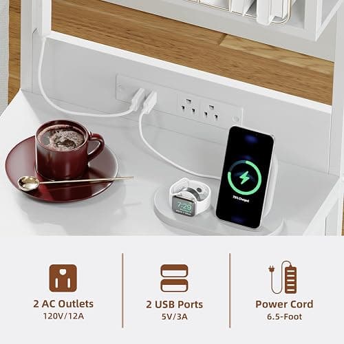Somdot White Nightstand with Charging Station and LED Lights, Bedside Table Tall Night Stand with 4 Fabric Drawers and Top Shelf for Bedroom Guest Room Dorm Hallway thumbnail 5