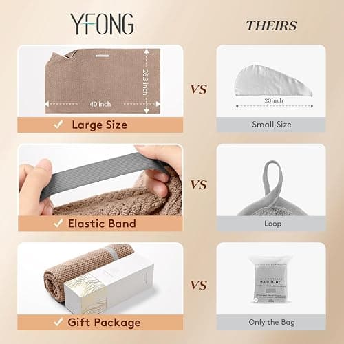 YFONG Large Hair Towel Wrap for Women, Super Absorbent Microfiber Hair Towel for Curly Hair, Fast Drying Hair Turbans with Elastic,Hair Drying Towel Wrap for Hair Care Anti Friz 26.3" X 40" (Brown) thumbnail 2