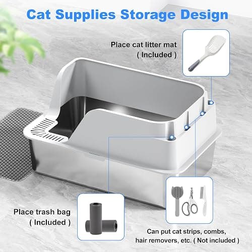 Stainless Steel Cat Litter Box with Lid, XL for Big Cats, High Sided Metal Litter Pan, Anti Leakage,Odor-Free & Easy Cleaning,Included Scoop &Trash Bag*2 & Mat & Sticker (White) thumbnail 3
