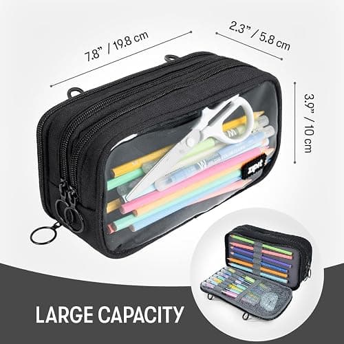 ZIPIT Half & Half Pencil Case, 3-Compartment Aesthetic Zipper Pouch, Black | Clear-front pencil case for school, dedicated organizer panels, holds up to 70 pens & pencils, durable easy-care polyester thumbnail 3