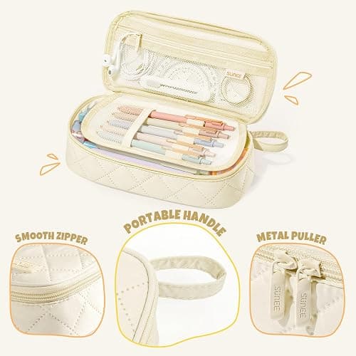 SUNEE Cute Pencil Case, Large Capacity Pencil Pouch Aesthetic Zipper Pencil Bag, Big Storage Pen Organizer for Stationery, Soft Quilted Pencil Box Back to School Supplies for Teen Girls Boys, Cream thumbnail 7