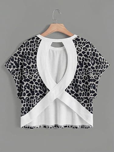 SweatyRocks Women's Casual Oversized Cut Out Open Back Workout Gym Tops | Cheetah Print Short Sleeve Backless Athletic T Shirts thumbnail 5