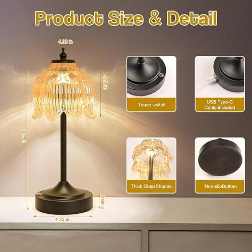 Crkwos Cordless Table Lamp, Rechargeable Amber Glass Lotus Flower Lamp | 5200mAh touch lamp with 3 color modes and stepless dimming, battery operated lamp for nightstands and kitchen counters thumbnail 7