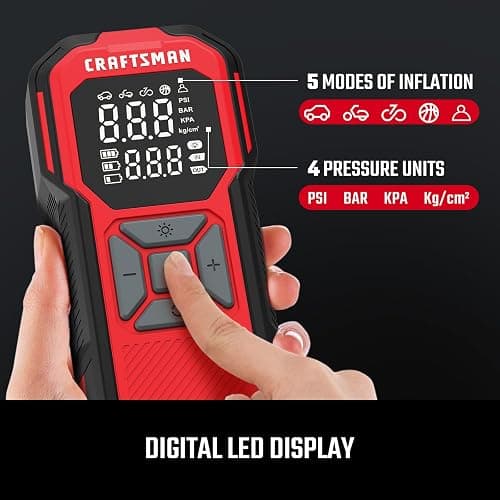 CRAFTSMAN Tire Inflator Portable Air Compressor, Cordless Mini Air Pump for Car Tires with Digital Tire Pressure Gauge, 6000mAh Battery Powered Air Pump, Max Pressure 150 PSI, 12V DC Corded thumbnail 4