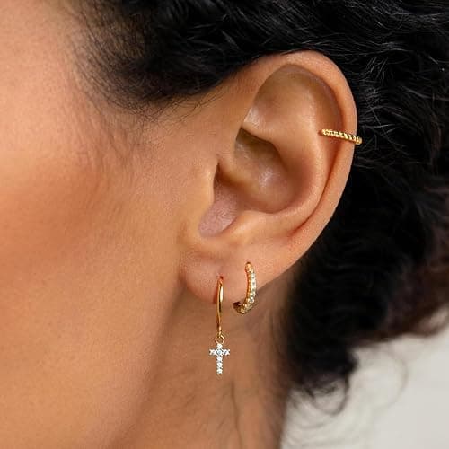 Gold Earrings for Women, 14k Gold Plated Dangle Huggie Earrings for Women Trendy Dainty Gold Hoop Earring Stacks Hypoallergenic Pearl Chain Drop Cartilage Earring Fashion Womens Jewelry thumbnail 5