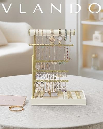 Vlando Jewelry Stand Organizer with Ring Holder, Jewelry Holder Organizer with Tray, Necklace Bracket Earring Holder - Cloud White thumbnail 8