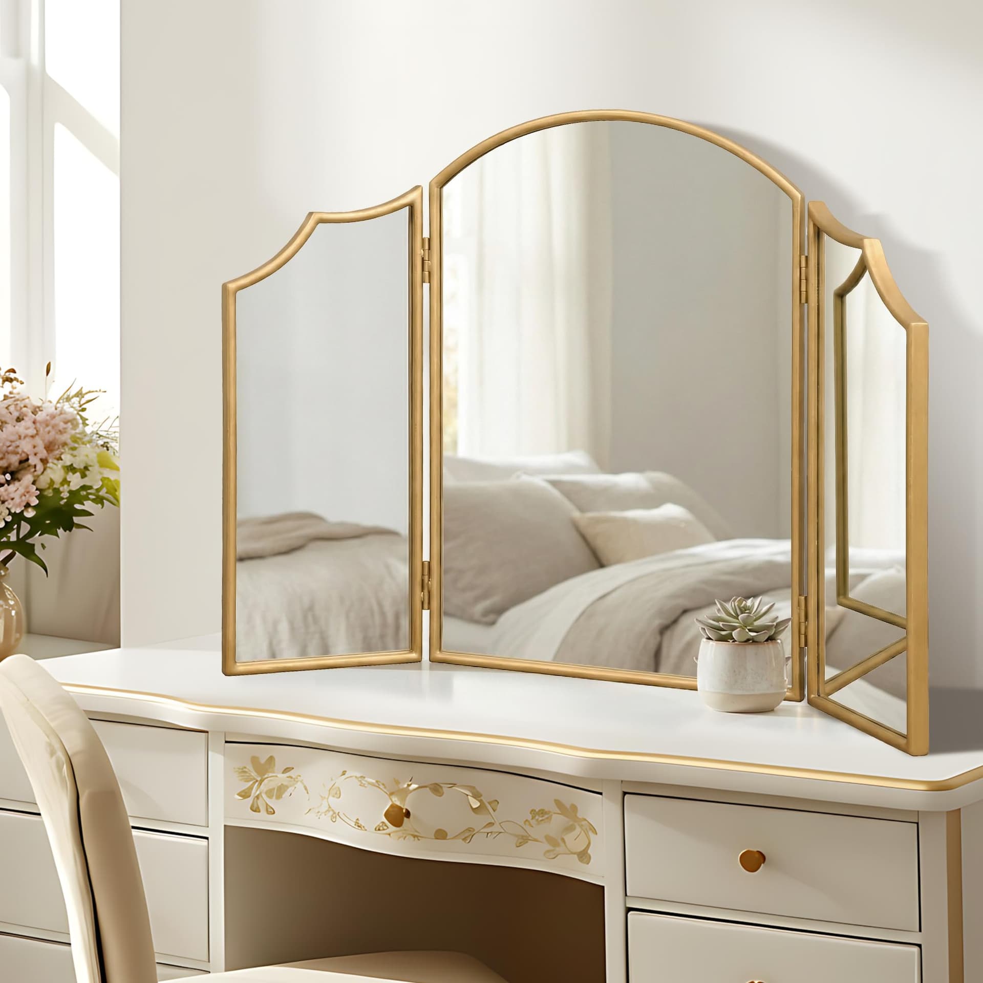 Besdomus Gold Scalloped Vanity Mirror: 36"x24" Large Modern Three Sided Dresser Miror - Minimalist Wood Frame 3 Way Trifold Mirrors for Bedroom/Cloakroom/Dressing Room - Home Decor for Housewife thumbnail 6