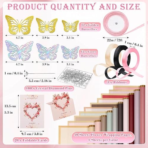 Thrilez 187PCS Flower Bouquet Wrapping Paper Kit Includes 40 Floral Paper, 24 Butterflies, 100 Bouquet Pins, 3 Ribbons and 20 Greeting Cards for Mother's Day Wedding Baby Shower Graduation thumbnail 3