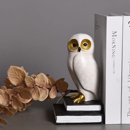Kakizzy Book Ends for Shelves, Owl Decorative Bookends Bronze Bird Book Stopper Unique Kids Book Holders with Anti-Slip Base Luxurious Bookends for Kids Rooms Office Home Decor(White) thumbnail 7