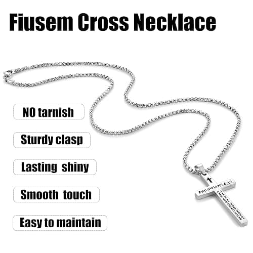 Fiusem Bible Verse Cross Necklace for Men, Stainless Steel Mens Necklace, Black/Gold/Silver Tone Cross Pendant for Men thumbnail 4