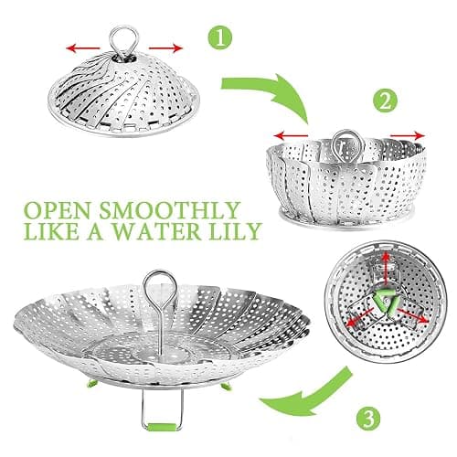 Steamer Basket Stainless Steel Vegetable Basket Metal Handle Folding Silicone Feet Steamer Insert for Cooking Veggies Fish Seafood Include Safety Tool,Fit Various Pot Pressure Cooker (5.3" to 9") thumbnail 4