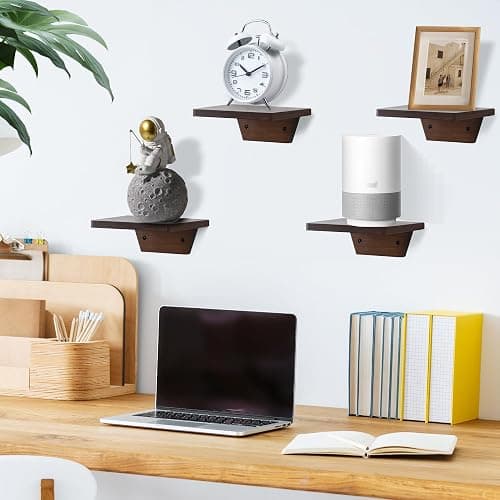PHOENANCEE Small Floating Shelves,Trapezoid Wall Shelf for Speaker Table Lamp Plants Display,Decorative Wood Ledges Chic for Living Room,Bedroom,Kitchen,Office,Pine,8x6 Inch,2 Pack(Walnut) thumbnail 2