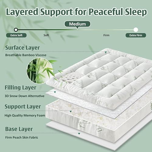 DOWNCOOL 3 Inch Memory Foam Mattress Topper Queen – Cooling Pillow Top Mattress Topper for Back Pain Relief, with Bamboo Viscose Air Layer, 1700 GSM Fill, Deep Pocket Fits 8–21 Inch thumbnail 3