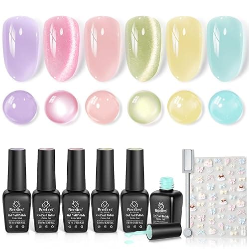 Beetles Jelly Gel Nail Polish Set, 6 Colors Pastel Pink Cat Eye Blue Purple Yellow Green Glitter Gel Polish Kit with Magnet Sticker Soak Off UV Gel Nail Art Salon DIY at Home Summer Gift for Women - Image 1