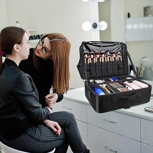 Relavel Extra Large Makeup Case, Professional Makeup Artist Bag Double Layer Compartment Cosmetic Travel Organizer Bag Makeup Brush Storage Holder with Adjustable Dividers and Shoulder Strap, Black thumbnail 2