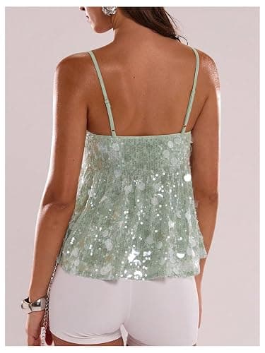 MakeMeChic Women's Sequin Cami Top Ruffle Sparkly Tie Front Split Party Club Tops thumbnail 3